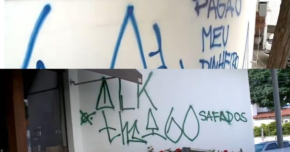 Área externa da Padaria Sabina vandalizada (Foto Reprodução/Montagem/Tv Foco/YouTube)