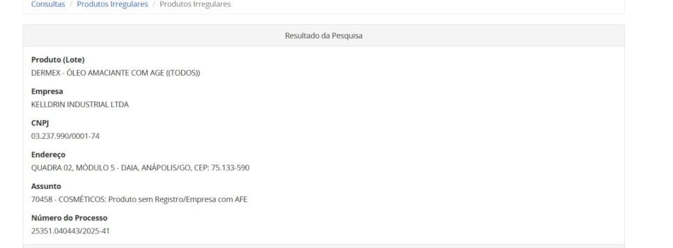 Proibição da ANVISA contra o óleo Dermex pt 1 (Foto Reprodução/ANVISA)
