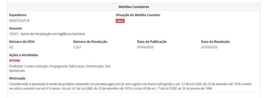 Resolução da ANVISA pt 1 contra a marga Vignut (Foto Reprodução/ANVISA)