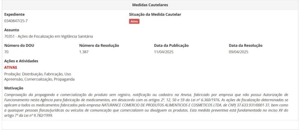 Resolução da ANVISA pt 1 contra lotes de colágeno (Foto Reprodução/ANVISA)