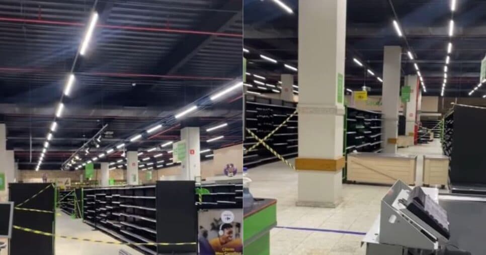 Caixas desligados e prateleiras vazias na unidade do Bompreço, localizada no Salvador Shopping (Foto Reprodução/Montagem/Redes Sociais/O Tempo) Caixas desligados e prateleiras vazias na unidade do Bompreço, localizada no Salvador Shopping (Foto Reprodução/Montagem/Redes Sociais/O Tempo)