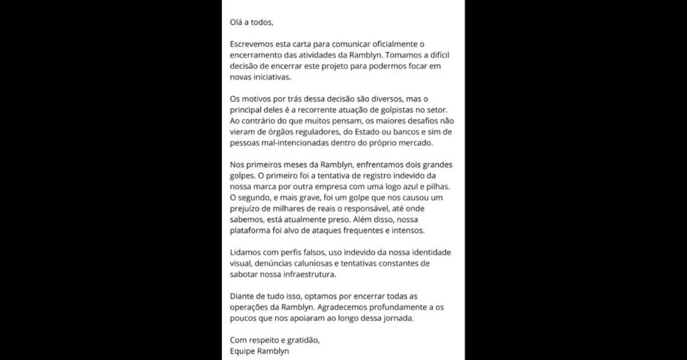 Carta aberta da Ramblyn (Foto: Reprodução/Redes sociais) Carta aberta da Ramblyn (Foto: Reprodução/Redes sociais)
