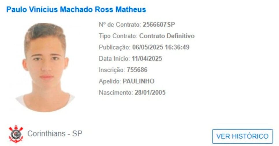 Corinthians - Paulo Vinícius, de 20 anos (Foto: Reprodução) 