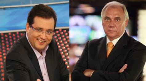 Geraldo Luís recebe Marcelo Rezende no palco do "Domingo Show" para participar da "Roleta da Morte"