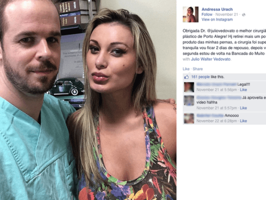 Médico que retirou hidrogel de Andressa Urach diz que ela está melhorando