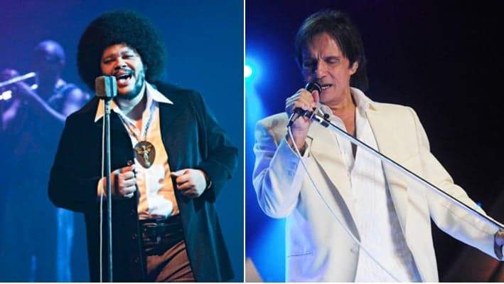 Vilão no filme de Tim Maia, Roberto Carlos vira herói na série da Globo