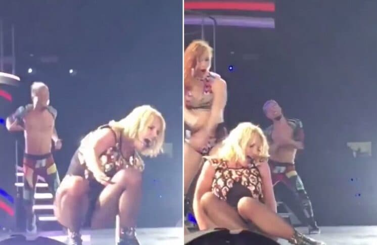 Britney Spears leva queda durante show e machuca o tornozelo