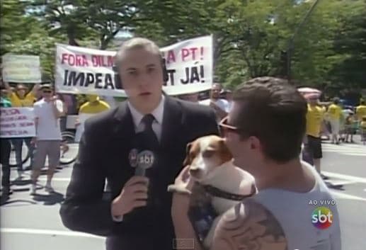 Homem invade plantão do SBT com um cachorro; confira vídeo