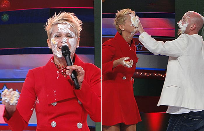 Nos bastidores da Record, Xuxa joga bolo na cara de funcionário