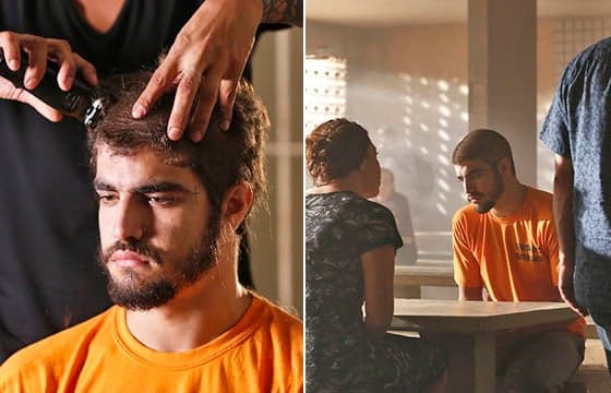 Caio Castro raspa o cabelo em gravação do desfecho de Grego; veja
