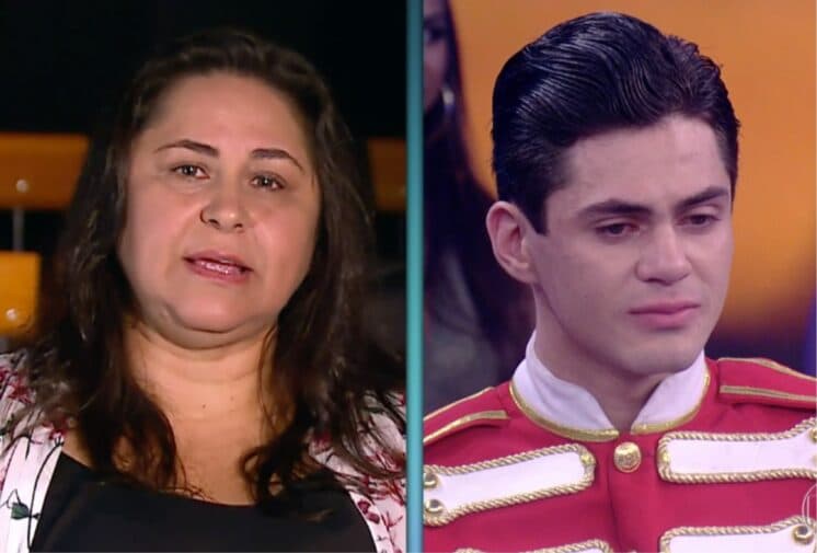 No palco do Domingão do Faustão, Lucas Veloso revê cenas do pai Shaolin e chora muito