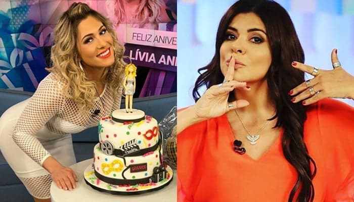 Mara Maravilha deixa palco do Fofocalizando enquanto apresentadores comemoram aniversário de Lívia Andrade e manda beijo
