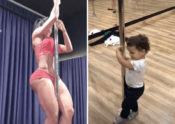 Gracyanne Barbosa surge em pole dance, neta rouba a cena e pede: "Desce, vovó"