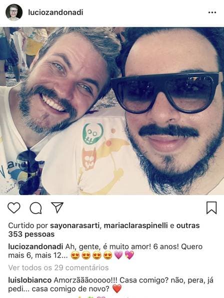 Luis Lobianco com o marido, o pianista Lúcio Zandonadi Foto: Reprodução/Instagram Luis Lobianco com o marido, o pianista Lúcio Zandonadi Foto: Reprodução/Instagram