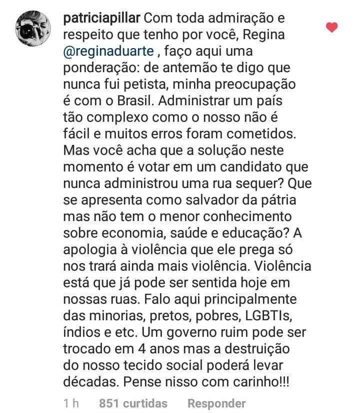 Resposta de Patrícia Pillar à postagem de Regina Duarte. (Foto: Reprodução) Resposta de Patrícia Pillar à postagem de Regina Duarte. (Foto: Reprodução)