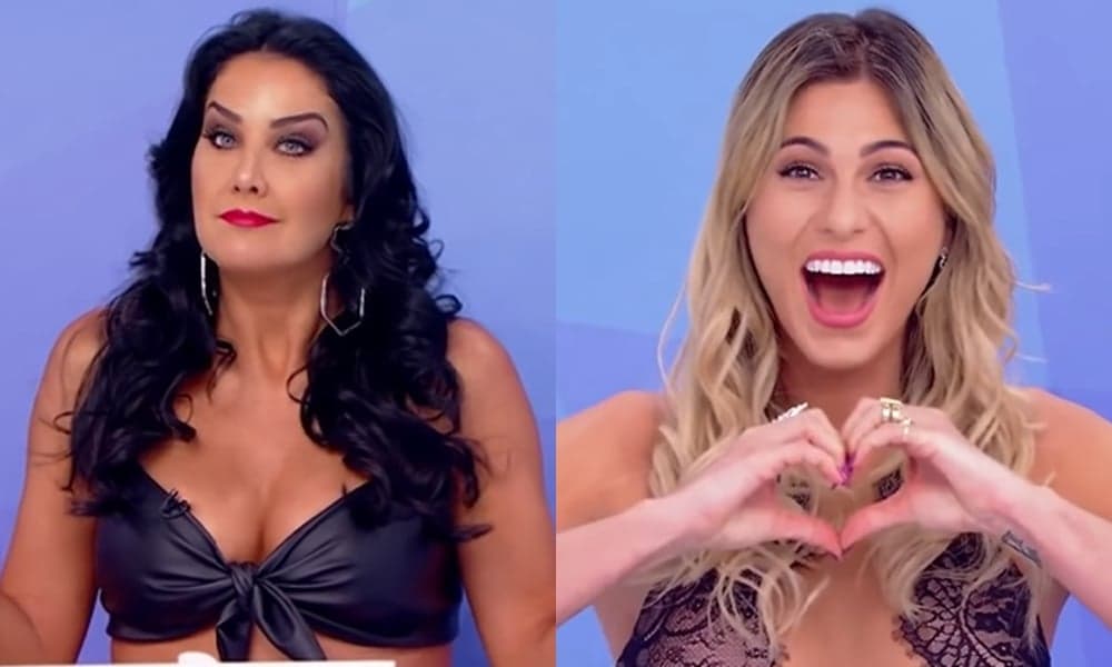 Lívia Andrade e Helen Ganzarolli recebem comentários de Silvio Santos que acaba por espiar decote de apresentadora, que reage. (Foto: Reprodução)