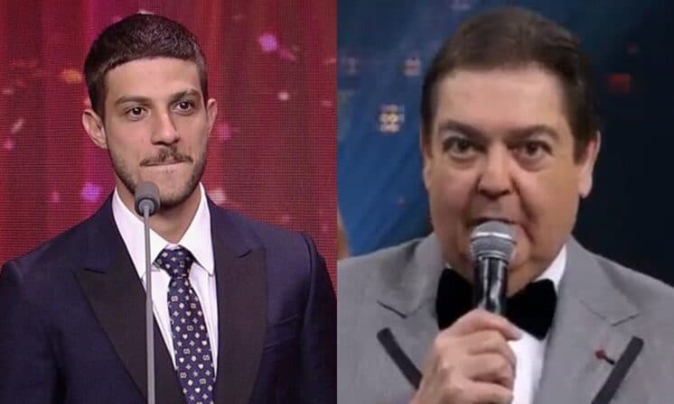Faustão coloca Chay Suede contra a parede ao vivo e cobra ator sobre casamento com Laura Neiva