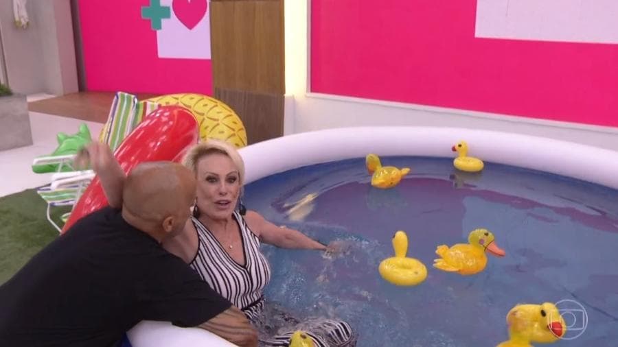 Ana Maria Braga é jogada por seus funcionários em piscina no Mais Você ao vivo e arranca risadas