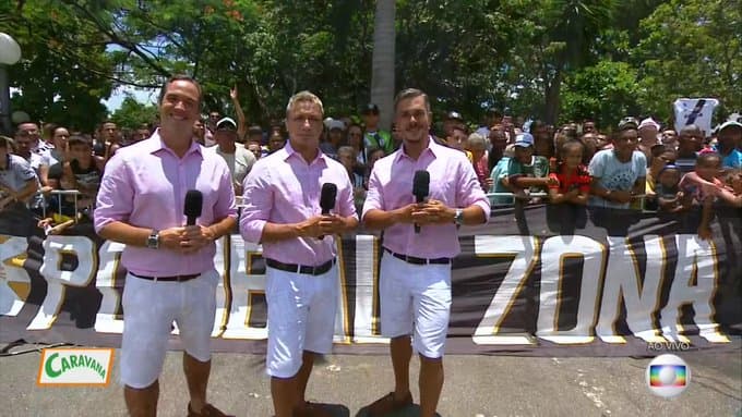 Caio Ribeiro, Paulo Nunes e Ivan Moré vestidos como meme da web no Globo Esporte (Foto: Reprodução/Globo)