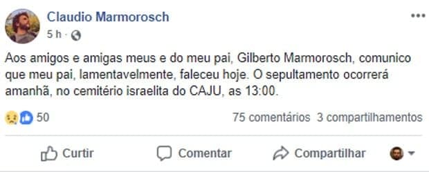 Filho anuncia morte do ator e comediante Gilberto Marmorosch (Foto: Facebook) Filho anuncia morte do ator e comediante Gilberto Marmorosch (Foto: Facebook)