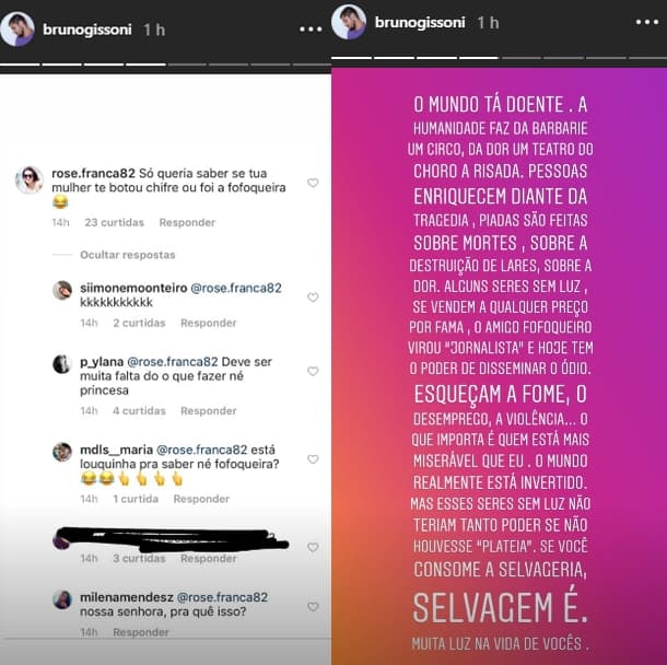 Bruno Gissoni se revoltou expôs seguidora e fez desabafo (Foto: Reprodução/Instagram) Bruno Gissoni se revoltou expôs seguidora e fez desabafo (Foto: Reprodução/Instagram)