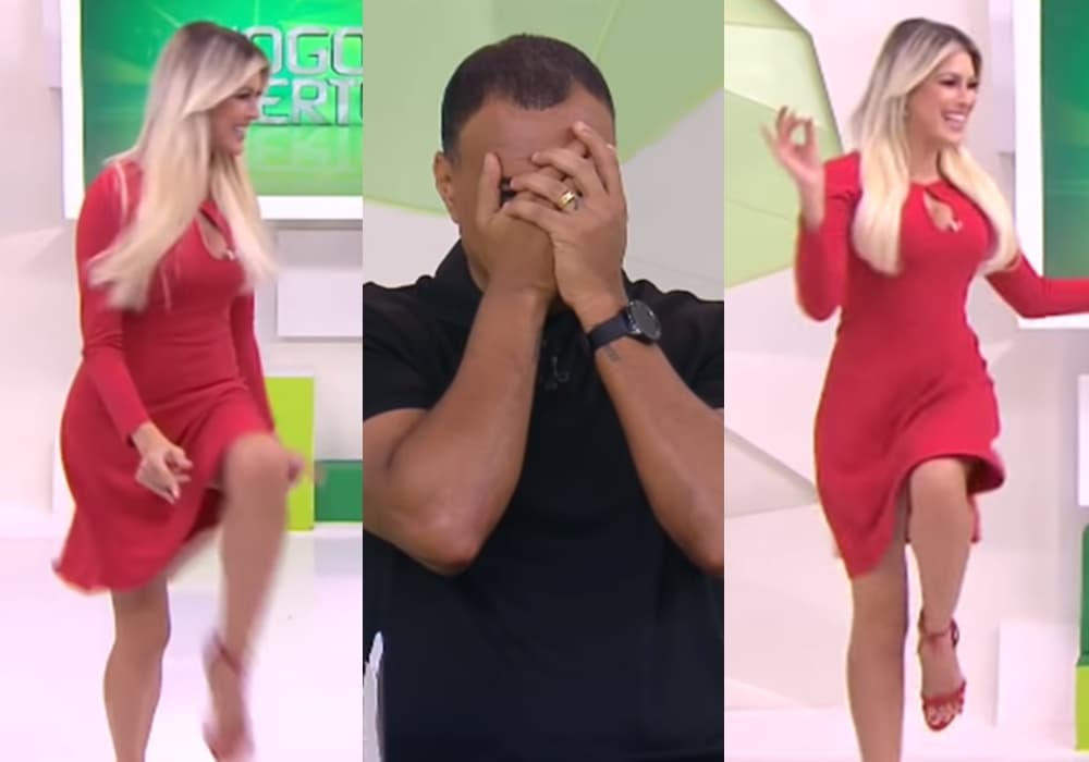 Renata Fan exibe gingado ao vivo na Band, choca Denílson e quase mostra demais