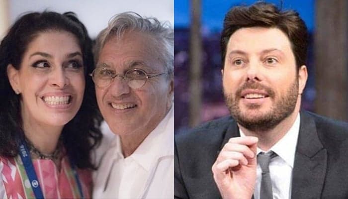 Paula Lavigne com Caetano Veloso, e Danilo Gentili (Foto: Reprodução/Monatagem TV Foco)