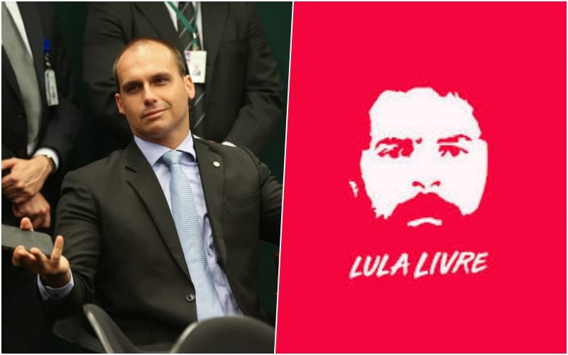 Após gritar "Lula Livre", Eduardo Bolsonaro fica constrangido e tenta se explicar: "a campanha não chegou aqui"