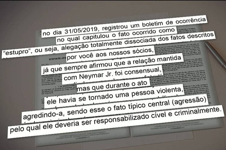 Jornal Nacional exibiu trechos da carta do ex-advogado de Najila Trindade, que acusa Neymar de estupro (Reprodução: TV Globo) Jornal Nacional exibiu trechos da carta do ex-advogado de Najila Trindade, que acusa Neymar de estupro (Reprodução: TV Globo)