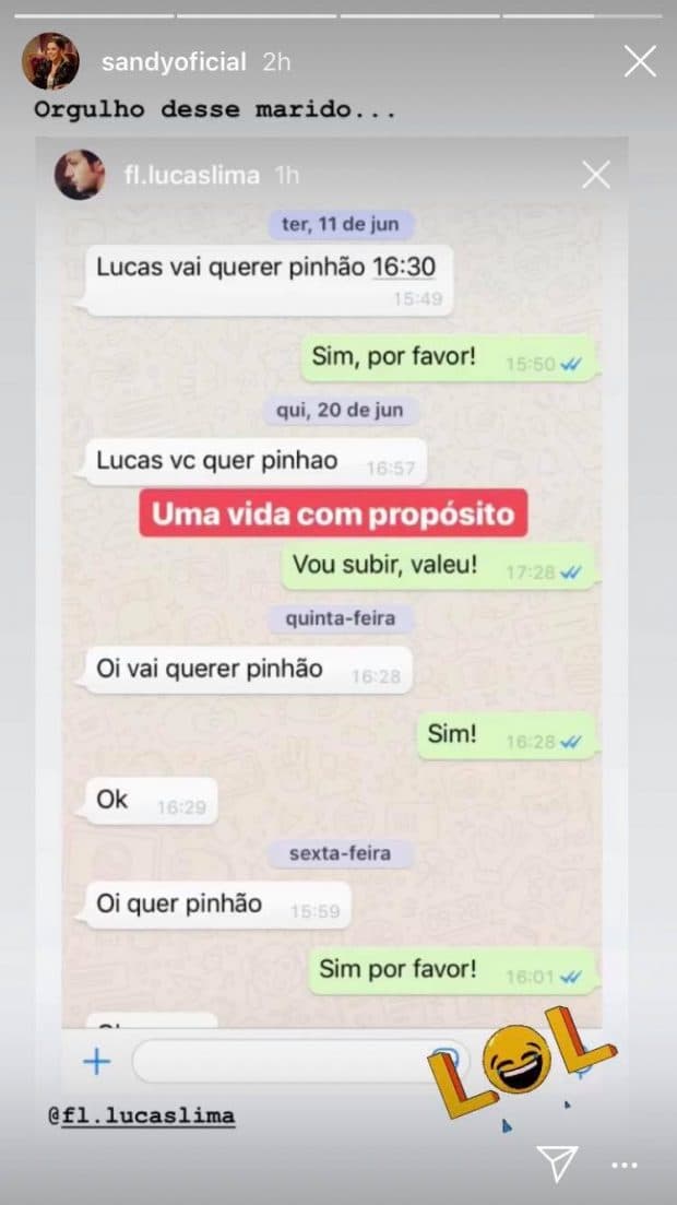 A filha do famoso cantor Xororó e irmã de Junior Lima, Sandy expôs conversas íntimas com o seu marido Lucas Lima (foto: Reprodução) A filha do famoso cantor Xororó e irmã de Junior Lima, Sandy expôs conversas íntimas com o seu marido Lucas Lima (foto: Reprodução)