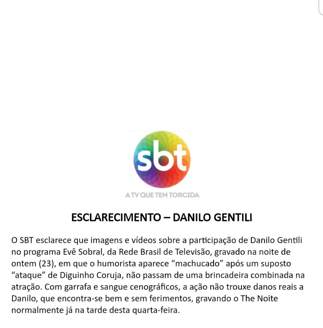 SBT se pronuncia oficialmente sobre agressões e briga de Danilo Gentili Foto: Reprodução