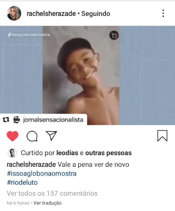 Rachel Sheherazade compartilhou um vídeo do Isso A Globo Não Mostra, quadro do Fantástico Rachel Sheherazade compartilhou um vídeo do Isso A Globo Não Mostra, quadro do Fantástico
