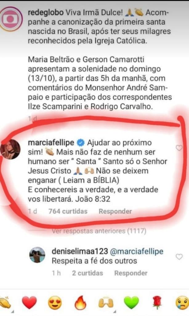 Comentário de Márcia Fellipe sobre Irmã Dulce que gerou revolta nos católicos (Imagem: Reprodução) Comentário de Márcia Fellipe sobre Irmã Dulce que gerou revolta nos católicos (Imagem: Reprodução)