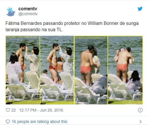 William Bonner em fotos antigas ao lado de Fátima Bernardes na praia (Imagem: Reprodução/Twitter) William Bonner em fotos antigas ao lado de Fátima Bernardes na praia (Imagem: Reprodução/Twitter)