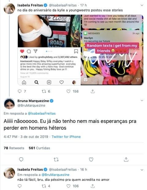 Bruna Marquezine responde comentário de influencer e dá indícios de relacionamento gay. Foto: Reprodução Bruna Marquezine responde comentário de influencer e dá indícios de relacionamento gay. Foto: Reprodução