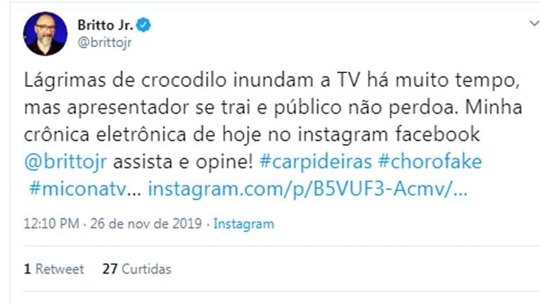 Publicação polêmica de Britto Jr (Foto: Reprodução/Twitter) Publicação polêmica de Britto Jr (Foto: Reprodução/Twitter)