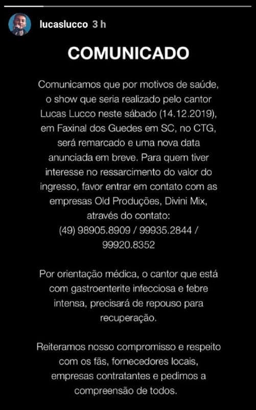 Lucas Lucco causou uma enorme preocupação ao informar um novo problema de saúde (Foto: Reprodução/ Instagram)