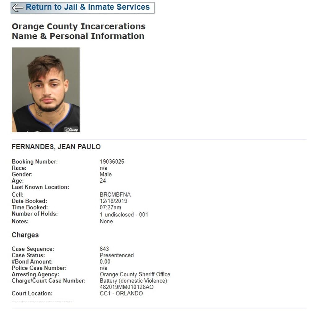 Imagem da ficha de polícia do goleiro Jean, do São Paulo, que foi detido na Flórida no dia 18 de dezembro de 2019 — (Foto: Reprodução/Departamento de Polícia de Orange County) Imagem da ficha de polícia do goleiro Jean, do São Paulo, que foi detido na Flórida no dia 18 de dezembro de 2019 — (Foto: Reprodução/Departamento de Polícia de Orange County)