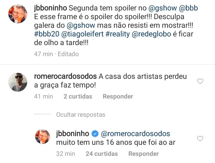 Boninho responde comentário sobre Casa dos Artistas (Foto: Reprodução/Instagram) Boninho responde comentário sobre Casa dos Artistas (Foto: Reprodução/Instagram)