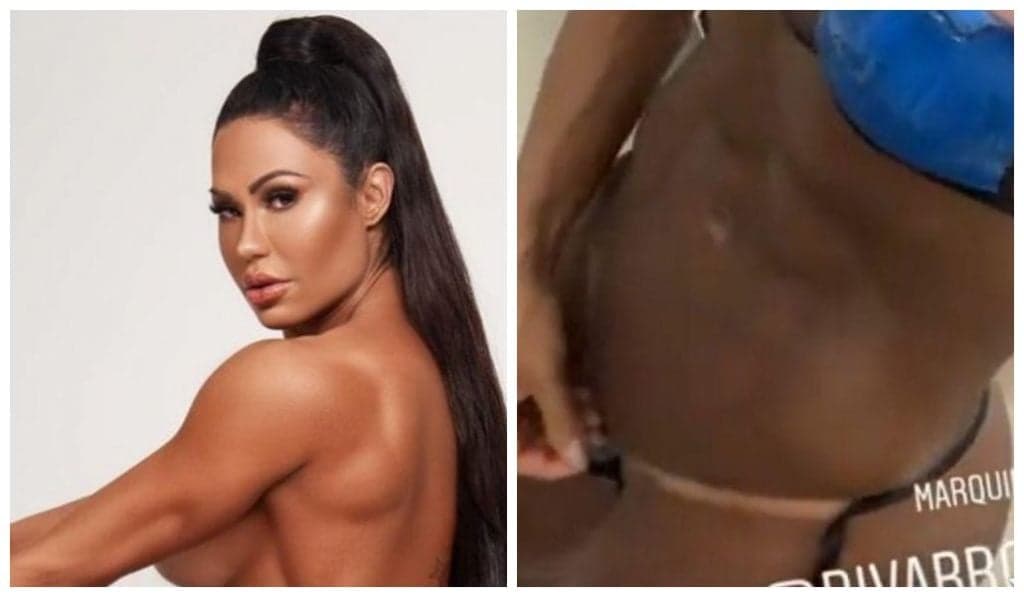 Gracyanne Barbosa surge com biquíni minúsculo de fitas e puxa para mostrar bronzeado lá