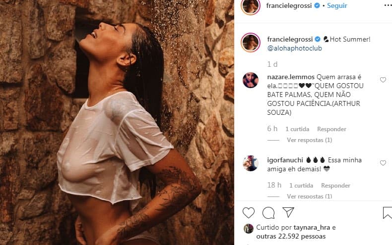 Ex-BBB Franciele Grossi faz foto com a roupa molhada e acaba expondo seio (Imagem: Reprodução / Instagram)