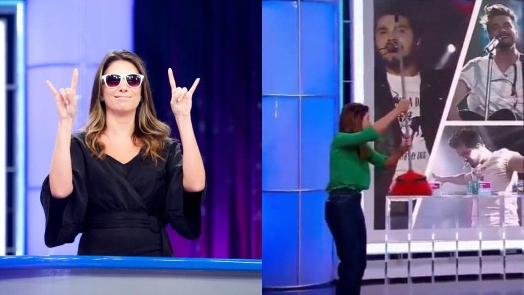 Surtada! Rebeca Abravanel passa a vassoura em participante e debocha de marido: "Muito pato em casa"