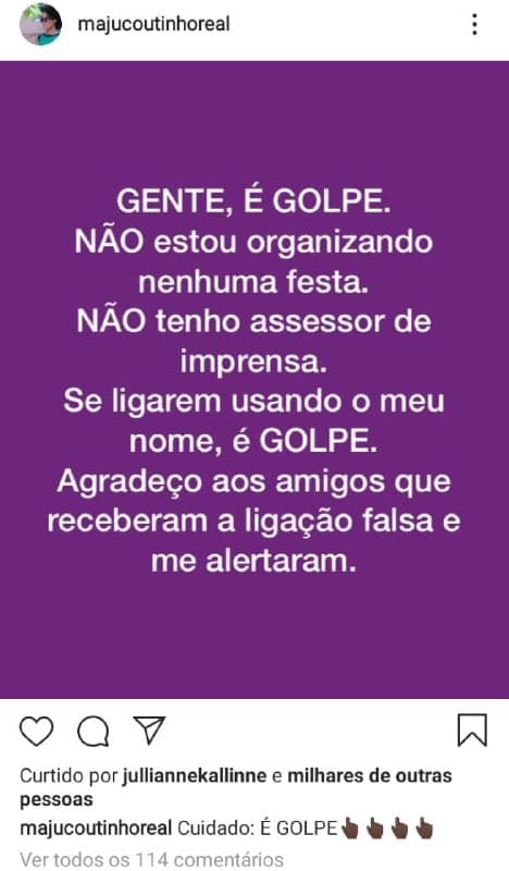 Maju Coutinho anunciou que estava sendo vítima da ação de criminosos nas redes sociais (Foto: Reprodução/ Instagram) Maju Coutinho anunciou que estava sendo vítima da ação de criminosos nas redes sociais (Foto: Reprodução/ Instagram)