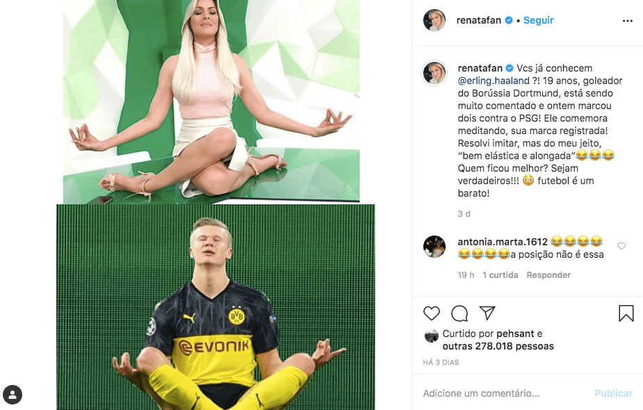 A contratada da Band chamou atenção ao imitar o do atacante Erling Haaland, a nova promessa do futebol europeu (Foto: reprodução/Instagram)