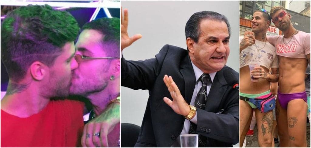 Gay, sobrinho de Silas Malafaia surge no meio da rua seminu no Carnaval e aos beijos com famoso da Globo