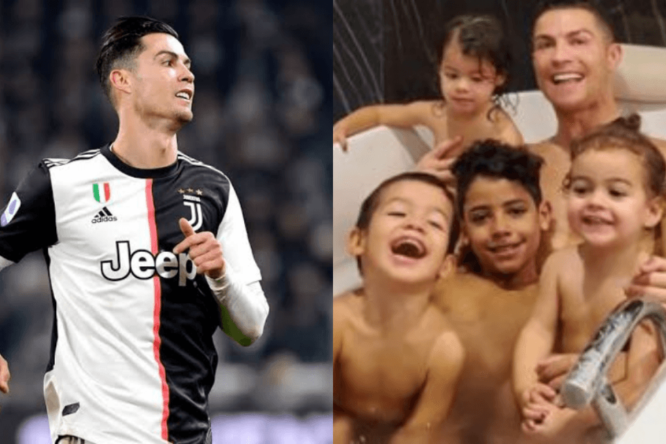 Paizão! Cristiano Ronaldo posa com os filhos dentro de banheira e web enaltece jogador