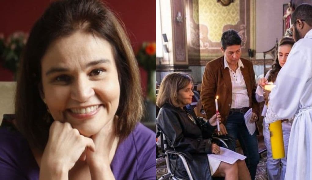 Claudia Rodrigues vai até a igreja em cadeira de rodas e realiza primeira comunhão junto com a filha
