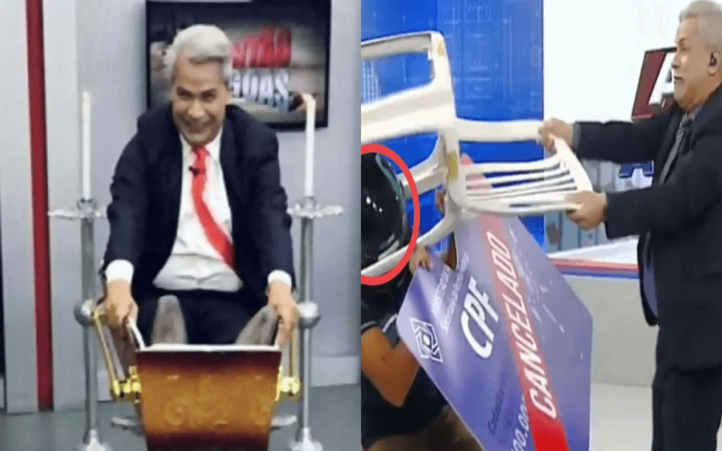 Durante comemoração, Sikêra Jr sai do caixão, quebra pratos ao vivo e briga com Samurai em programa