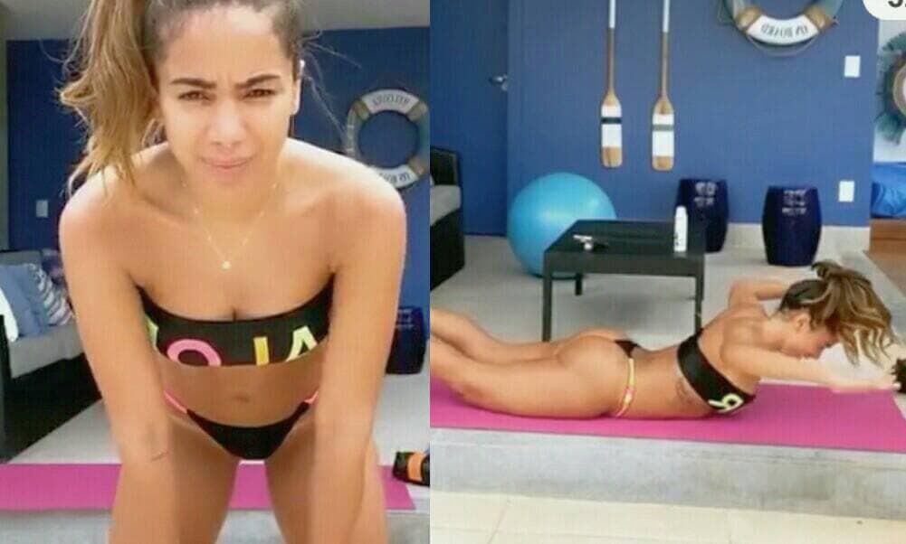 De biquíni, Anitta mostra treino em casa e faz live com personal: "Bunda indecente"