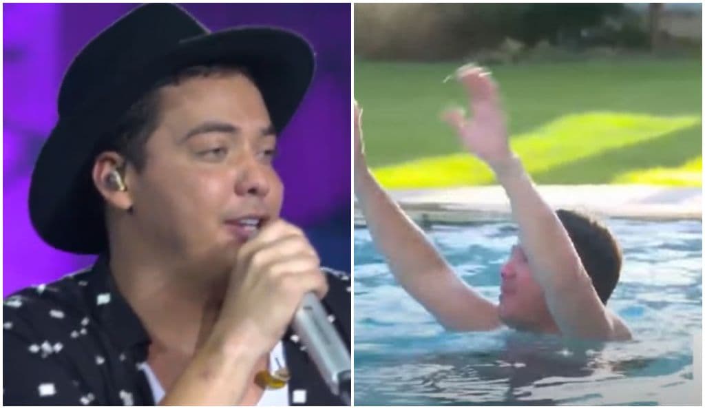 Wesley Safadão choca ao tirar a roupa em live e pula na piscina com Tirulipa